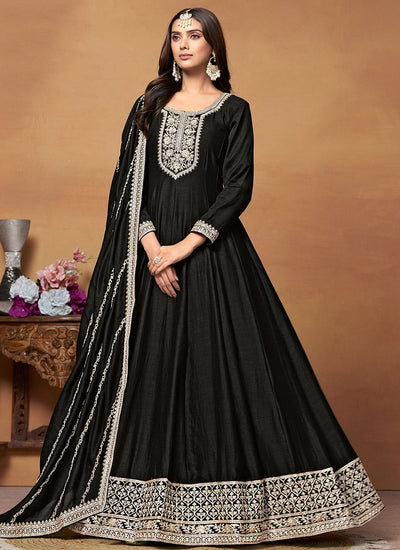 Black Silk Embroidered Anarkali Suit